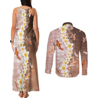 Hawaii And Japan Couples Matching Tank Maxi Dress and Long Sleeve Button Shirt Plumeria Lei With Koi Fish Beige LT05 - Polynesian Pride