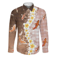 Hawaii And Japan Family Matching Long Sleeve Bodycon Dress and Hawaiian Shirt Plumeria Lei With Koi Fish Beige LT05 Dad's Shirt - Long Sleeve Beige - Polynesian Pride
