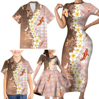 Hawaii And Japan Family Matching Short Sleeve Bodycon Dress and Hawaiian Shirt Plumeria Lei With Koi Fish Beige LT05 - Polynesian Pride