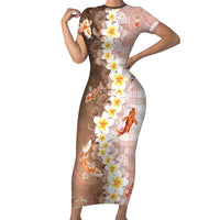 Hawaii And Japan Short Sleeve Bodycon Dress Plumeria Lei With Koi Fish Beige LT05 Long Dress Beige - Polynesian Pride
