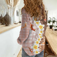 Hawaii And Japan Women Casual Shirt Plumeria Lei With Koi Fish Beige LT05 - Polynesian Pride