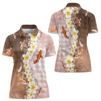 Hawaii And Japan Women Polo Shirt Plumeria Lei With Koi Fish Beige LT05 - Polynesian Pride