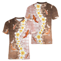 Hawaii And Japan Women V-Neck T-Shirt Plumeria Lei With Koi Fish Beige LT05 - Polynesian Pride