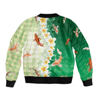 Hawaii And Japan Bomber Jacket Plumeria Lei With Koi Fish Green - Polynesian Pride