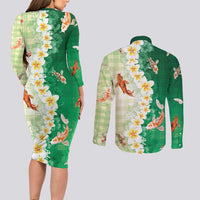 Hawaii And Japan Couples Matching Long Sleeve Bodycon Dress and Long Sleeve Button Shirt Plumeria Lei With Koi Fish Green LT05 - Polynesian Pride