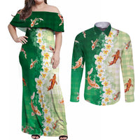 Hawaii And Japan Couples Matching Off Shoulder Maxi Dress and Long Sleeve Button Shirt Plumeria Lei With Koi Fish Green LT05 Green - Polynesian Pride