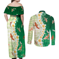 Hawaii And Japan Couples Matching Off Shoulder Maxi Dress and Long Sleeve Button Shirt Plumeria Lei With Koi Fish Green LT05 - Polynesian Pride