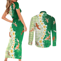 Hawaii And Japan Couples Matching Short Sleeve Bodycon Dress and Long Sleeve Button Shirt Plumeria Lei With Koi Fish Green LT05 - Polynesian Pride