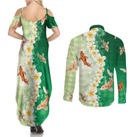 Hawaii And Japan Couples Matching Summer Maxi Dress and Long Sleeve Button Shirt Plumeria Lei With Koi Fish Green LT05 - Polynesian Pride