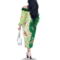 Hawaii And Japan Family Matching Off The Shoulder Long Sleeve Dress and Hawaiian Shirt Plumeria Lei With Koi Fish Green LT05 - Polynesian Pride