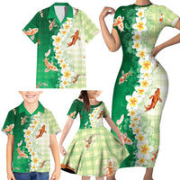 Hawaii And Japan Family Matching Short Sleeve Bodycon Dress and Hawaiian Shirt Plumeria Lei With Koi Fish Green LT05 - Polynesian Pride