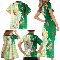 Hawaii And Japan Family Matching Short Sleeve Bodycon Dress and Hawaiian Shirt Plumeria Lei With Koi Fish Green LT05 - Polynesian Pride