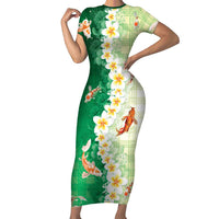 Hawaii And Japan Short Sleeve Bodycon Dress Plumeria Lei With Koi Fish Green LT05 Long Dress Green - Polynesian Pride
