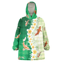 Hawaii And Japan Wearable Blanket Hoodie Plumeria Lei With Koi Fish Green LT05 One Size Green - Polynesian Pride