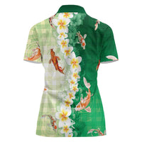 Hawaii And Japan Women Polo Shirt Plumeria Lei With Koi Fish Green LT05 - Polynesian Pride