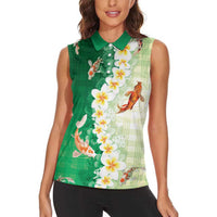 Hawaii And Japan Women Sleeveless Polo Shirt Plumeria Lei With Koi Fish Green LT05 - Polynesian Pride