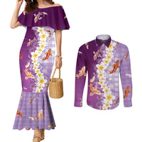 Hawaii And Japan Couples Matching Mermaid Dress and Long Sleeve Button Shirt Plumeria Lei With Koi Fish Purple LT05 Purple - Polynesian Pride