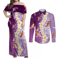 Hawaii And Japan Couples Matching Off Shoulder Maxi Dress and Long Sleeve Button Shirt Plumeria Lei With Koi Fish Purple LT05 Purple - Polynesian Pride