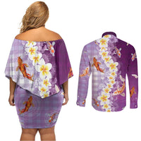 Hawaii And Japan Couples Matching Off Shoulder Short Dress and Long Sleeve Button Shirt Plumeria Lei With Koi Fish Purple LT05 - Polynesian Pride