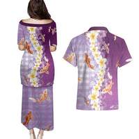Hawaii And Japan Couples Matching Puletasi and Hawaiian Shirt Plumeria Lei With Koi Fish Purple LT05 - Polynesian Pride
