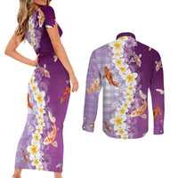 Hawaii And Japan Couples Matching Short Sleeve Bodycon Dress and Long Sleeve Button Shirt Plumeria Lei With Koi Fish Purple LT05 - Polynesian Pride