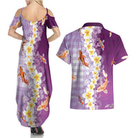 Hawaii And Japan Couples Matching Summer Maxi Dress and Hawaiian Shirt Plumeria Lei With Koi Fish Purple LT05 - Polynesian Pride