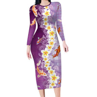 Hawaii And Japan Family Matching Long Sleeve Bodycon Dress and Hawaiian Shirt Plumeria Lei With Koi Fish Purple LT05 Mom's Dress Purple - Polynesian Pride