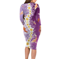 Hawaii And Japan Family Matching Long Sleeve Bodycon Dress and Hawaiian Shirt Plumeria Lei With Koi Fish Purple LT05 - Polynesian Pride