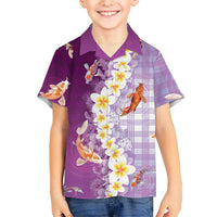 Hawaii And Japan Family Matching Off The Shoulder Long Sleeve Dress and Hawaiian Shirt Plumeria Lei With Koi Fish Purple LT05 Son's Shirt Purple - Polynesian Pride