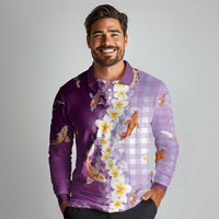 Hawaii And Japan Long Sleeve Polo Shirt Plumeria Lei With Koi Fish Purple LT05 - Polynesian Pride