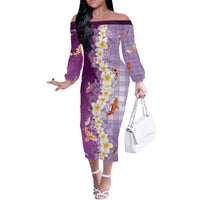 Hawaii And Japan Off The Shoulder Long Sleeve Dress Plumeria Lei With Koi Fish Purple LT05 Women Purple - Polynesian Pride