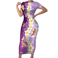 Hawaii And Japan Short Sleeve Bodycon Dress Plumeria Lei With Koi Fish Purple LT05 Long Dress Purple - Polynesian Pride