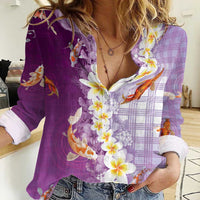 Hawaii And Japan Women Casual Shirt Plumeria Lei With Koi Fish Purple LT05 Female Purple - Polynesian Pride