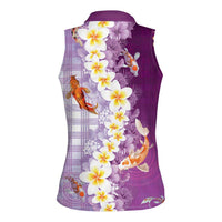 Hawaii And Japan Women Sleeveless Polo Shirt Plumeria Lei With Koi Fish Purple LT05 - Polynesian Pride
