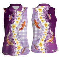 Hawaii And Japan Women Sleeveless Polo Shirt Plumeria Lei With Koi Fish Purple LT05 - Polynesian Pride