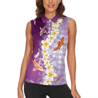 Hawaii And Japan Women Sleeveless Polo Shirt Plumeria Lei With Koi Fish Purple LT05 - Polynesian Pride