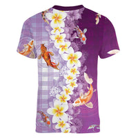 Hawaii And Japan Women V-Neck T-Shirt Plumeria Lei With Koi Fish Purple LT05 - Polynesian Pride
