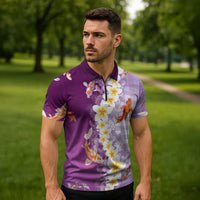 Hawaii And Japan Zipper Polo Shirt Plumeria Lei With Koi Fish Purple LT05 - Polynesian Pride