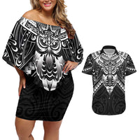 New Zealand Morepork Couples Matching Off Shoulder Short Dress and Hawaiian Shirt Maori Pattern Black LT05 Black - Polynesian Pride