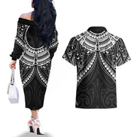 New Zealand Morepork Couples Matching Off The Shoulder Long Sleeve Dress and Hawaiian Shirt Maori Pattern Black LT05 - Polynesian Pride