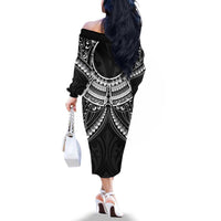 New Zealand Morepork Family Matching Off The Shoulder Long Sleeve Dress and Hawaiian Shirt Maori Pattern Black LT05 - Polynesian Pride