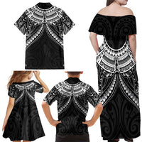 New Zealand Morepork Family Matching Off Shoulder Maxi Dress and Hawaiian Shirt Maori Pattern Black LT05 - Polynesian Pride