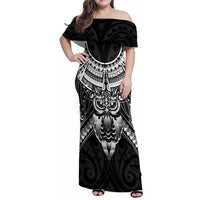 New Zealand Morepork Family Matching Off Shoulder Maxi Dress and Hawaiian Shirt Maori Pattern Black LT05 Mom's Dress Black - Polynesian Pride