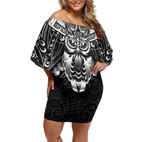 New Zealand Morepork Family Matching Off Shoulder Short Dress and Hawaiian Shirt Maori Pattern Black LT05 Mom's Dress Black - Polynesian Pride