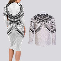 New Zealand Morepork Couples Matching Long Sleeve Bodycon Dress and Long Sleeve Button Shirt Maori Pattern White LT05 - Polynesian Pride