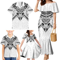 New Zealand Morepork Family Matching Mermaid Dress and Hawaiian Shirt Maori Pattern White LT05 - Polynesian Pride