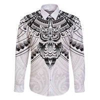 New Zealand Morepork Family Matching Off Shoulder Maxi Dress and Hawaiian Shirt Maori Pattern White LT05 Dad's Shirt - Long Sleeve White - Polynesian Pride