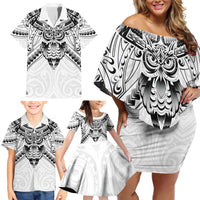 New Zealand Morepork Family Matching Off Shoulder Short Dress and Hawaiian Shirt Maori Pattern White LT05 - Polynesian Pride