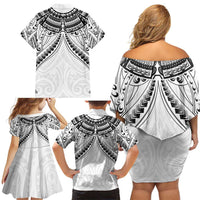 New Zealand Morepork Family Matching Off Shoulder Short Dress and Hawaiian Shirt Maori Pattern White LT05 - Polynesian Pride