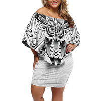New Zealand Morepork Family Matching Off Shoulder Short Dress and Hawaiian Shirt Maori Pattern White LT05 Mom's Dress White - Polynesian Pride
